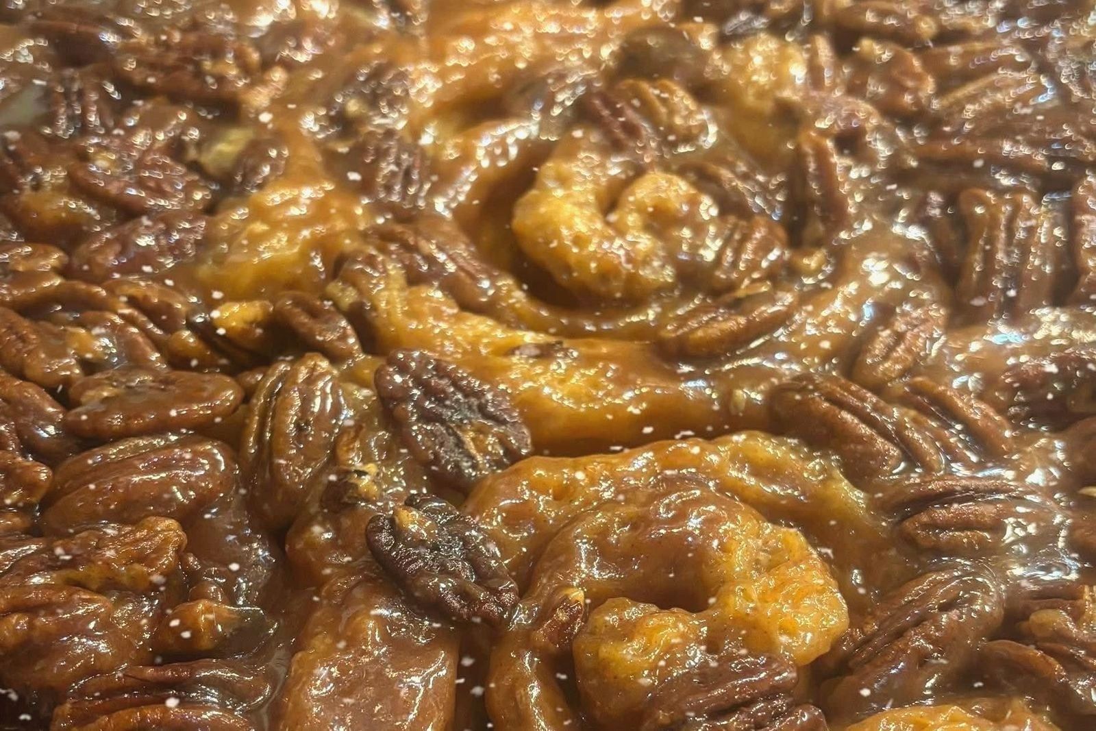 Pan of caramel pecan rolls